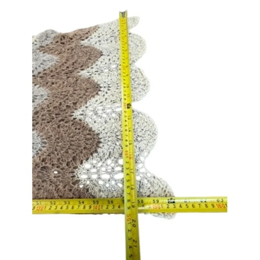 Handmade Crochet Chevron Shawl Neutral Earth Tone Scalloped Edge Wrap 63x21